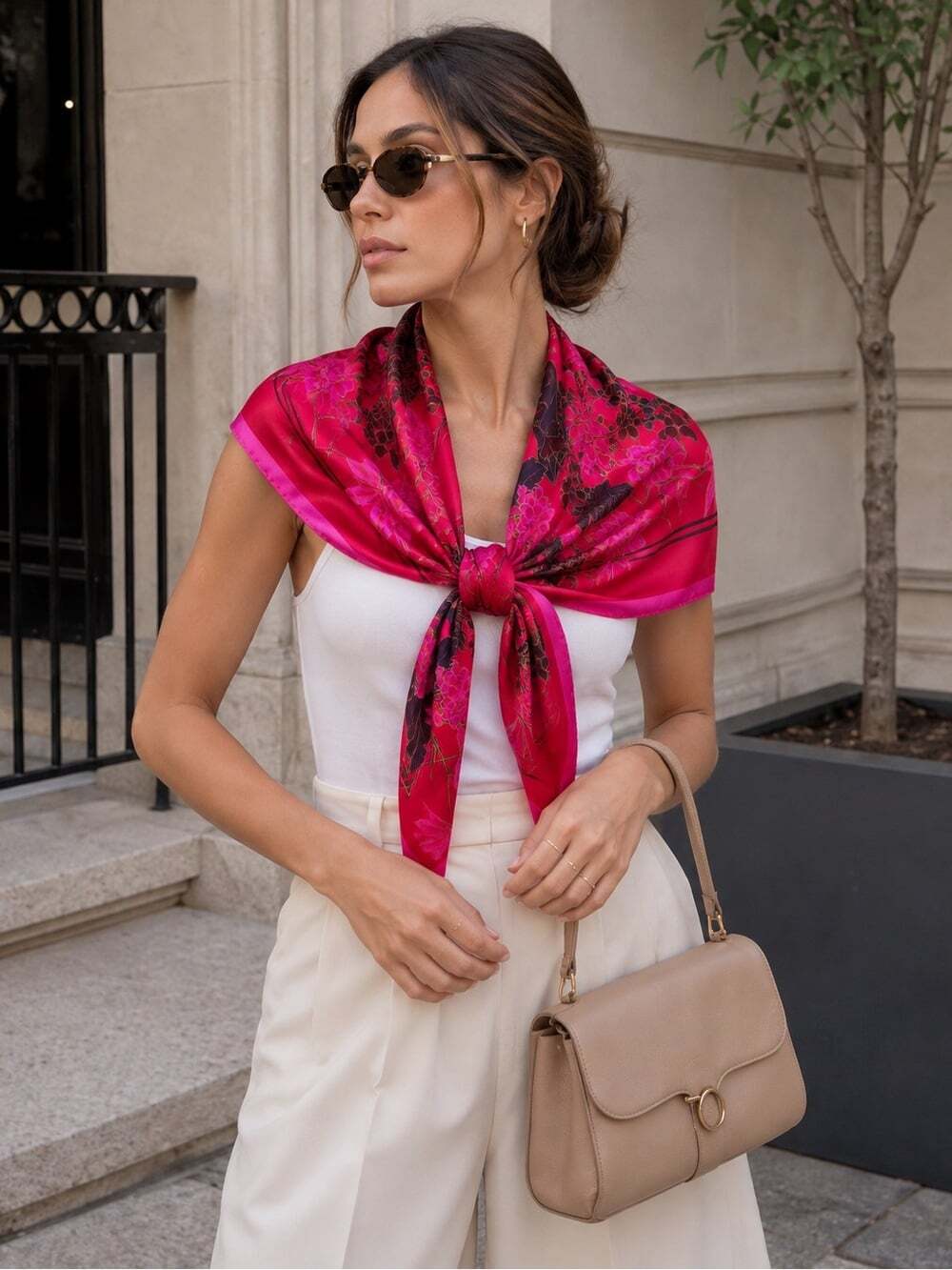 Thai Silk 100% Silk Scarf Hot Pink Floral Square Botanical Quiet Luxury Chic